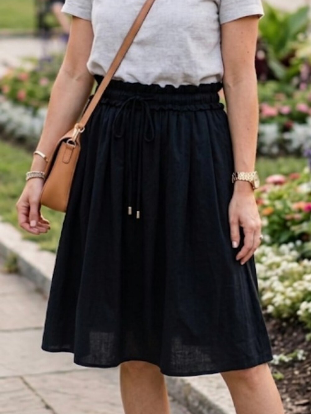 NWT Black Cotton Tie & Elastic Waist Pleated Midi Skirt (M) Capsule Everyday